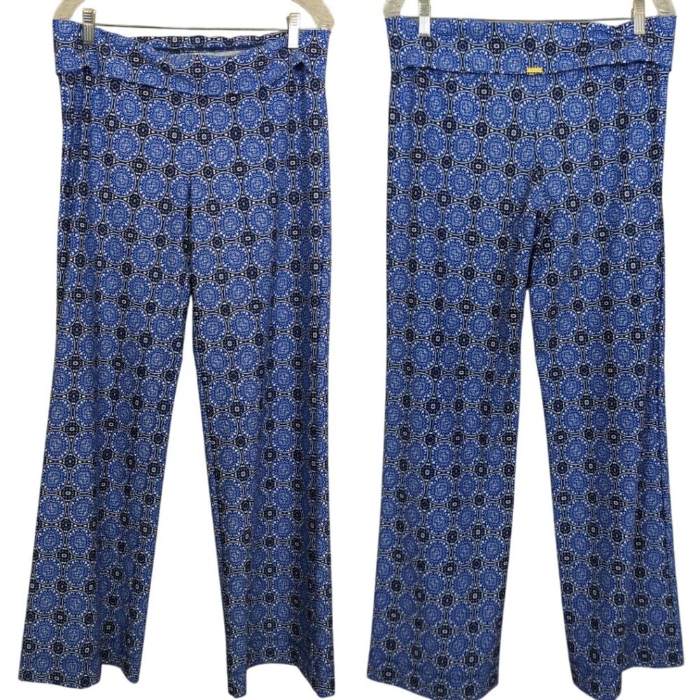 Helen Jon blue geometric Fold Over Palazzo Women's Summer Beach Comfy pants sz L